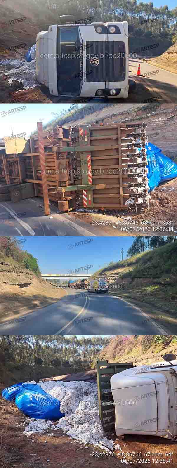 Carreta tomba e interdita acesso da SP-270 a Campos de Holambra, em Paranapanema